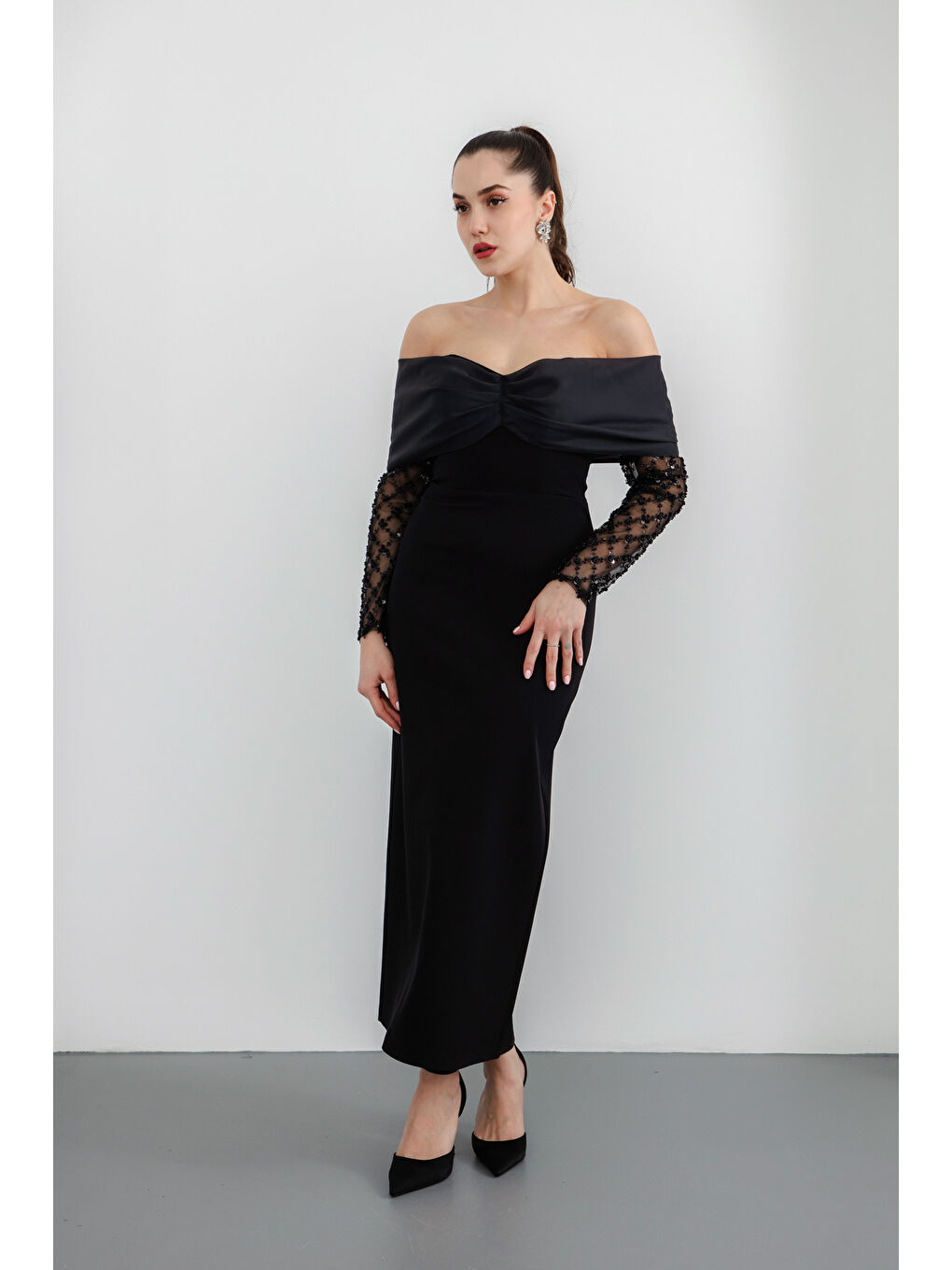 Kadın Siyah Kol Detaylı Fiyonklu Söz Nişan Nikah Abiye Elbise