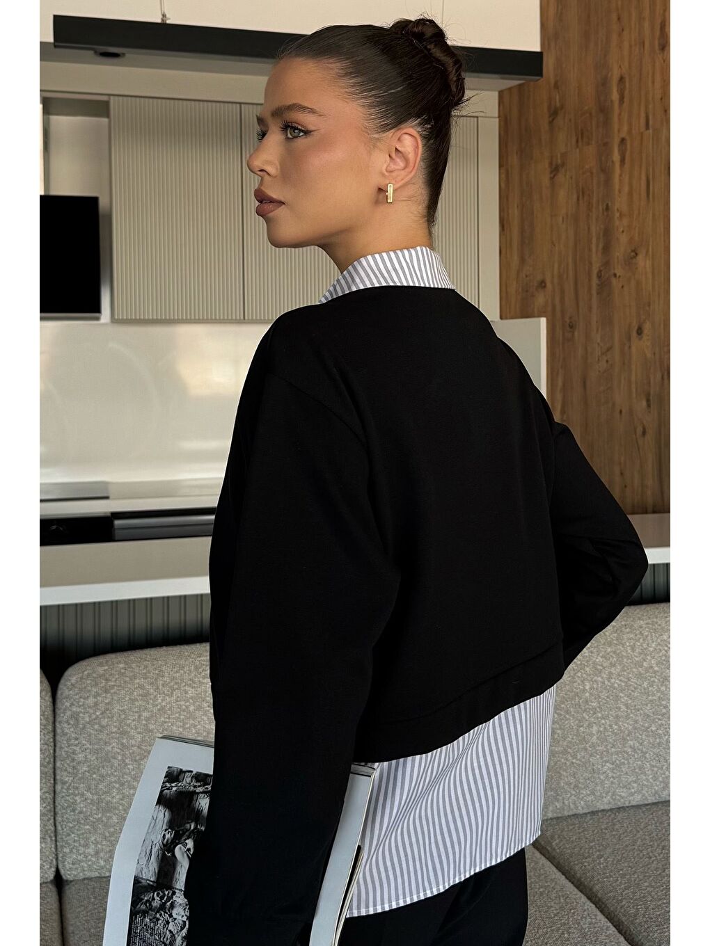 Siyah Kadın Gömlek Garnili Sweatshirt-4