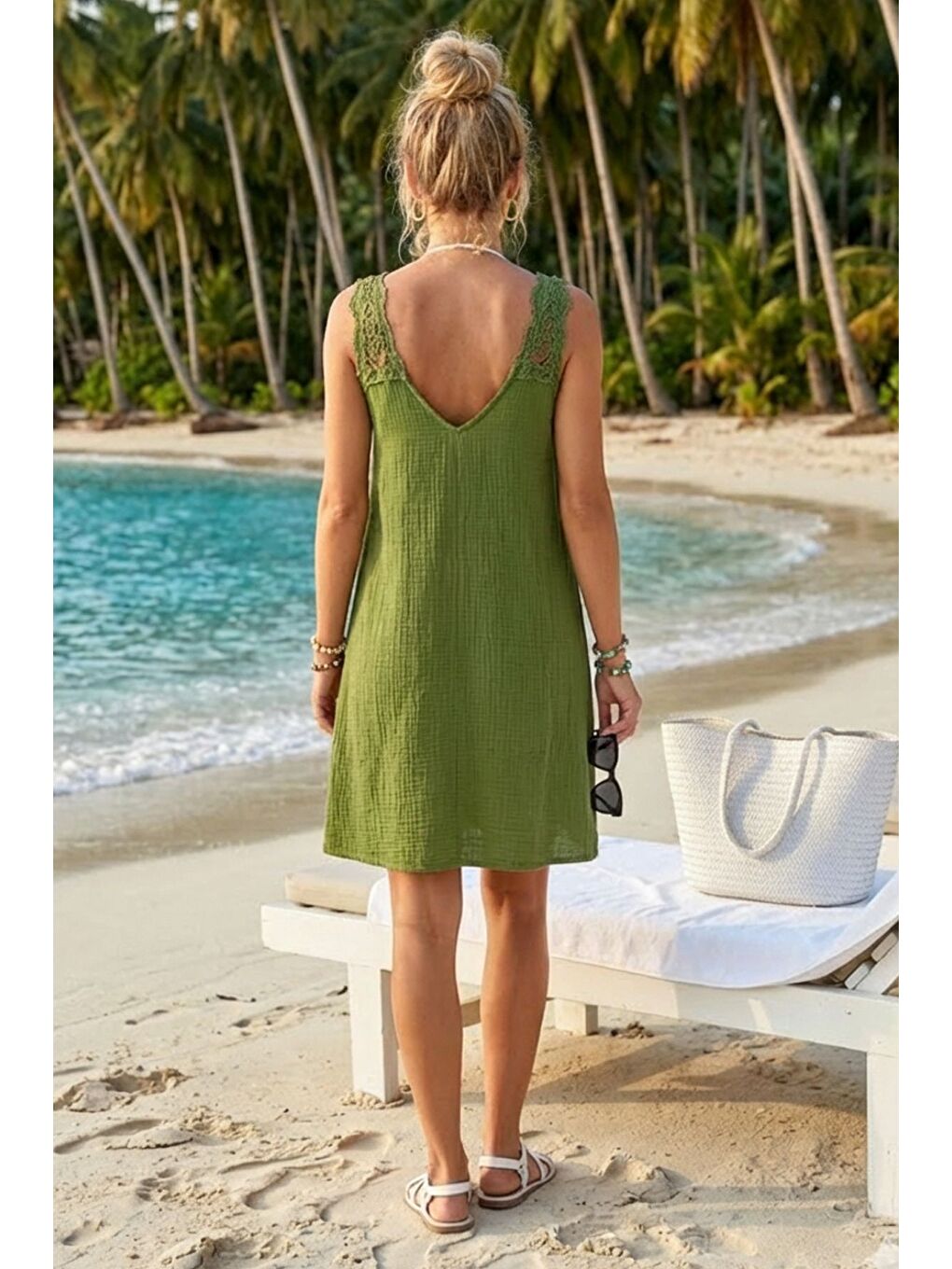 Yeşil Havuz Yaka Kolsuz Dantelli Omuz Casual Müslin Dokuma Elbise 95 63-5