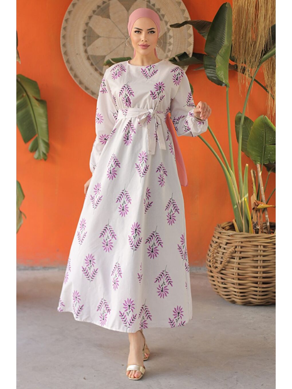 Desenli Kolu Büzgülü Elbise Mor - 26622-1