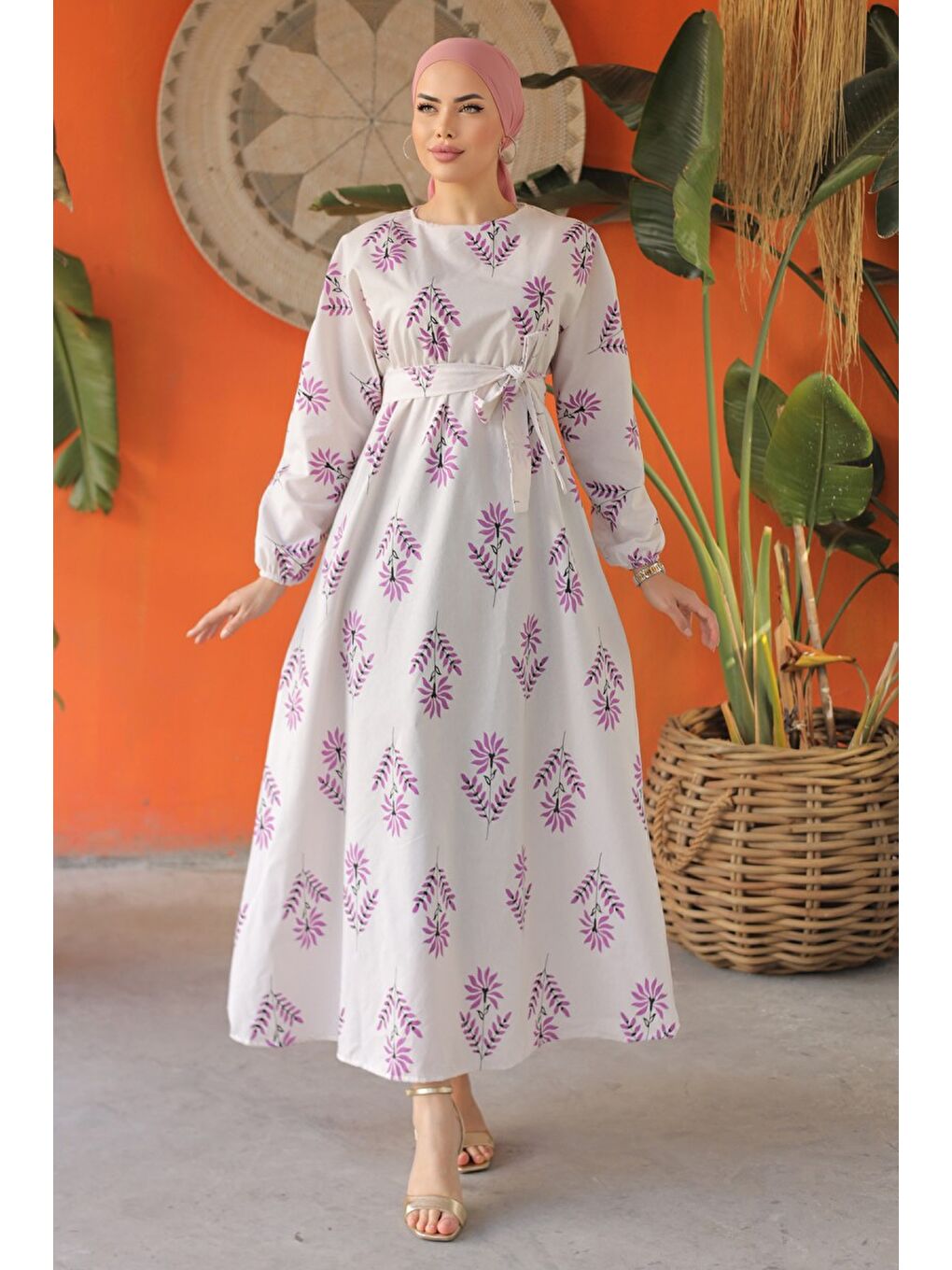 Desenli Kolu Büzgülü Elbise Mor - 26622-2