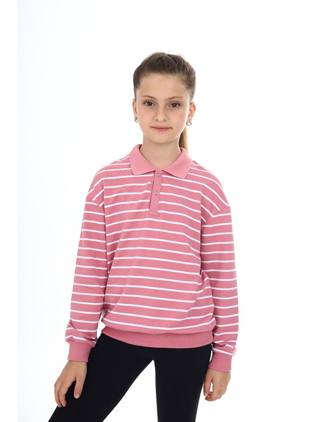 Pembe Kız Çocuk Çizgili Sweatshirt