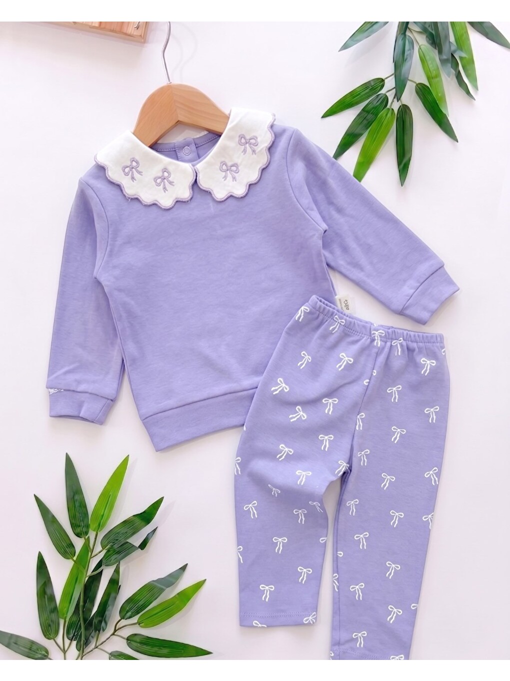 Lila Kız Bebek Mevsimlik Fiyonk Baskılı Bebe Yakalı 9-12-18-24 Aylık Dar Kalıplı 2'li Alt Üst Bebek Takım