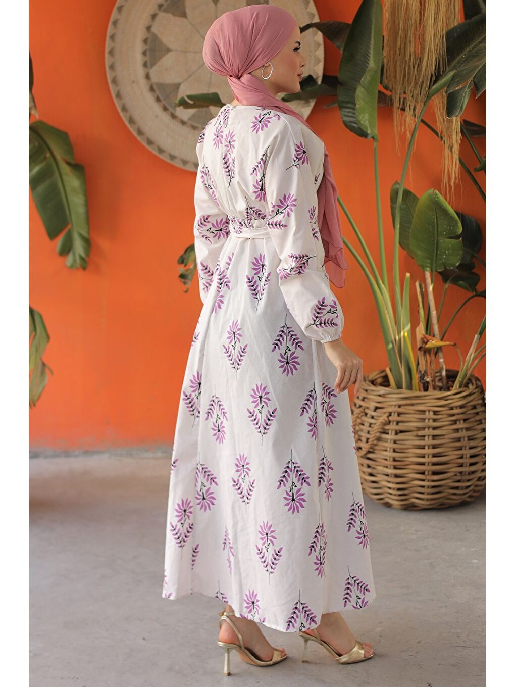 Desenli Kolu Büzgülü Elbise Mor - 26622-5