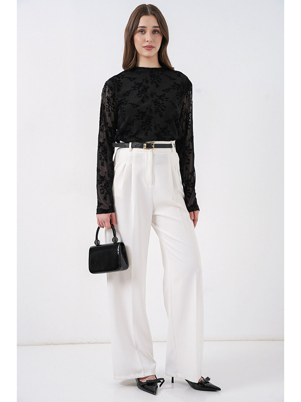 Kadın Desenli Uzun Kol Bluz 983 - Siyah-1