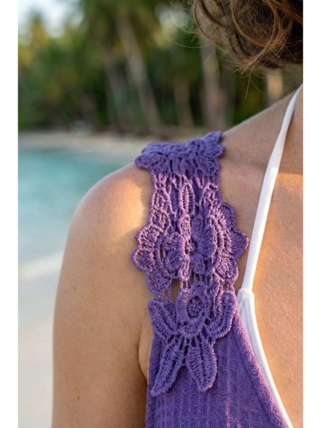 Mor Havuz Yaka Kolsuz Dantelli Omuz Casual Müslin Dokuma Elbise 95 63-2