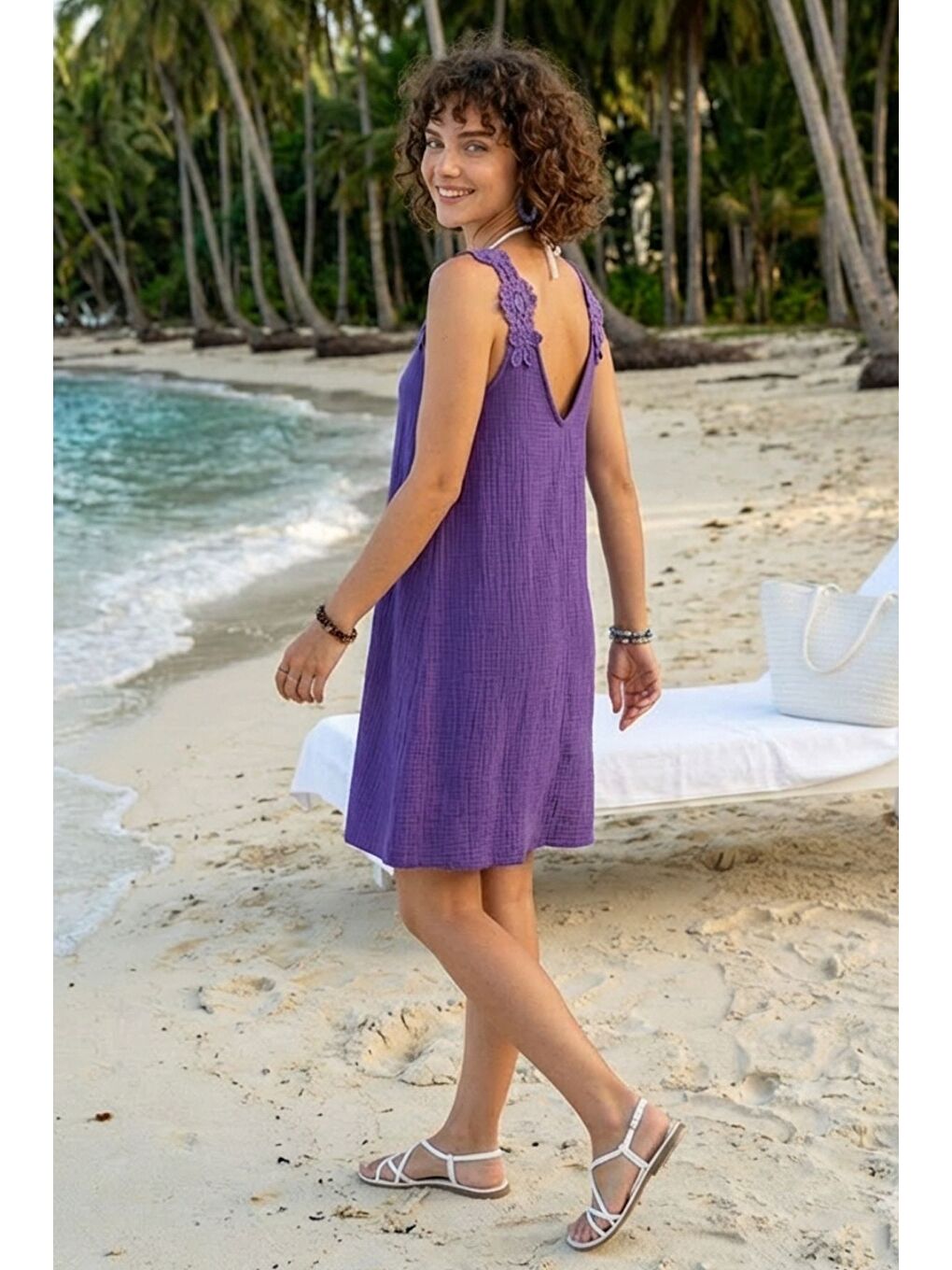 Mor Havuz Yaka Kolsuz Dantelli Omuz Casual Müslin Dokuma Elbise 95 63-3