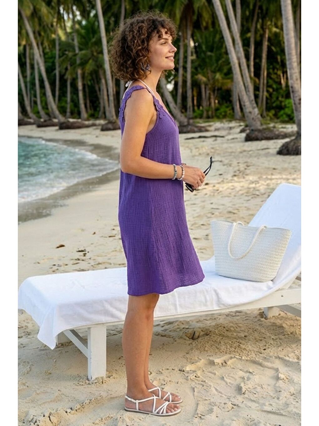 Mor Havuz Yaka Kolsuz Dantelli Omuz Casual Müslin Dokuma Elbise 95 63-4