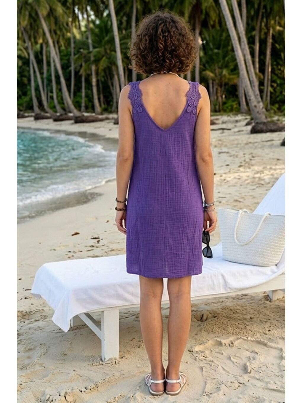 Mor Havuz Yaka Kolsuz Dantelli Omuz Casual Müslin Dokuma Elbise 95 63-5