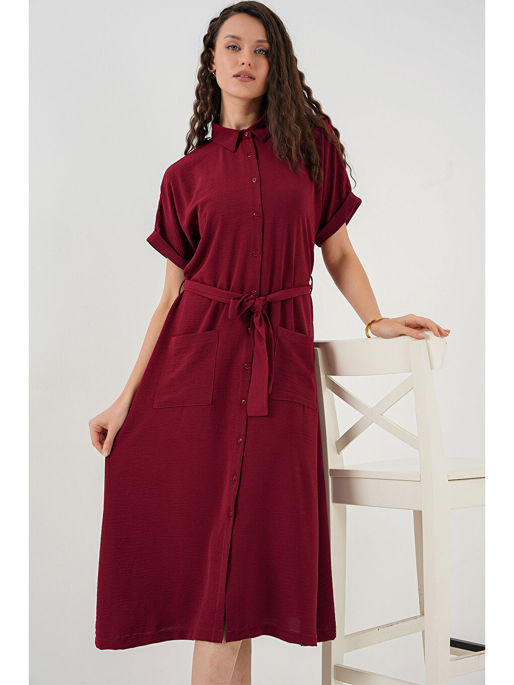 Kadın Kısa Kol Elbise 2214 - Bordo-3