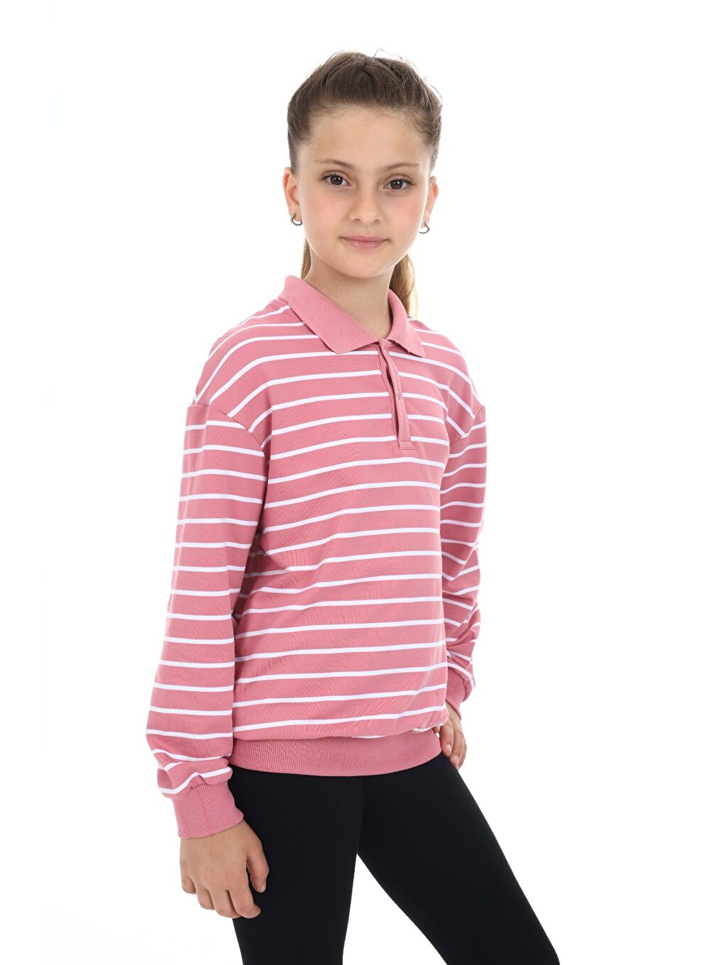 Pembe Kız Çocuk Çizgili Sweatshirt-1