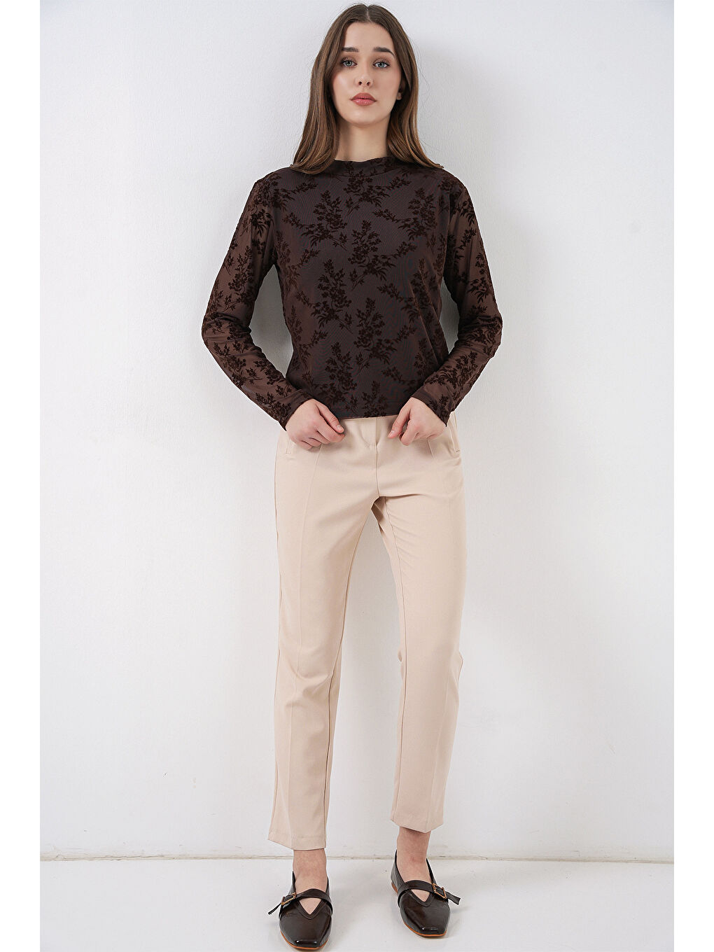 Kadın Desenli Uzun Kol Bluz 983 - Kahverengi-1