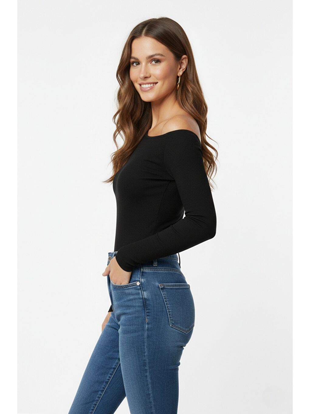 Siyah Premium Soft Seri Vücuda Oturan Kayık Yaka Örme Bluz-2