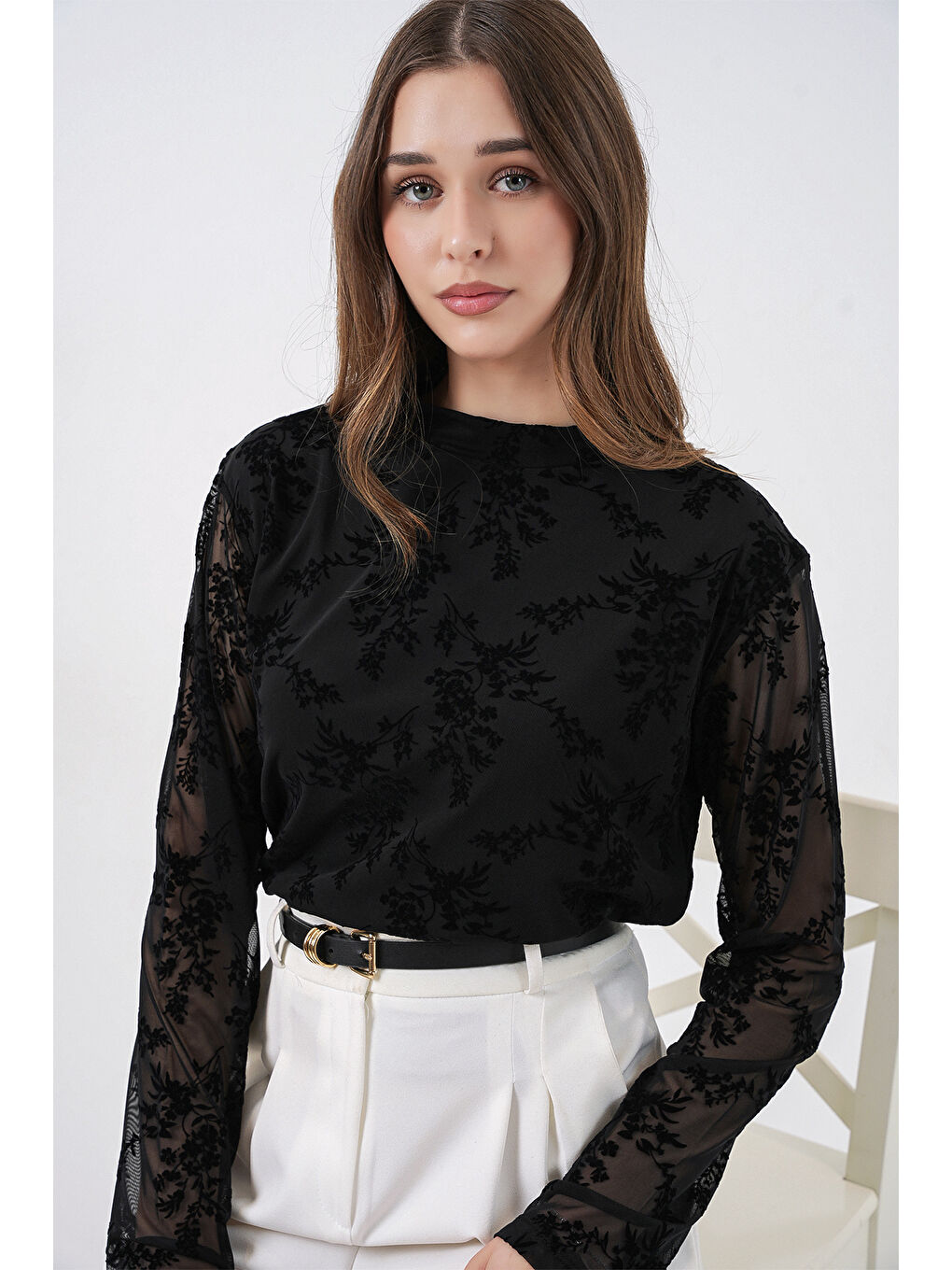 Kadın Desenli Uzun Kol Bluz 983 - Siyah-3