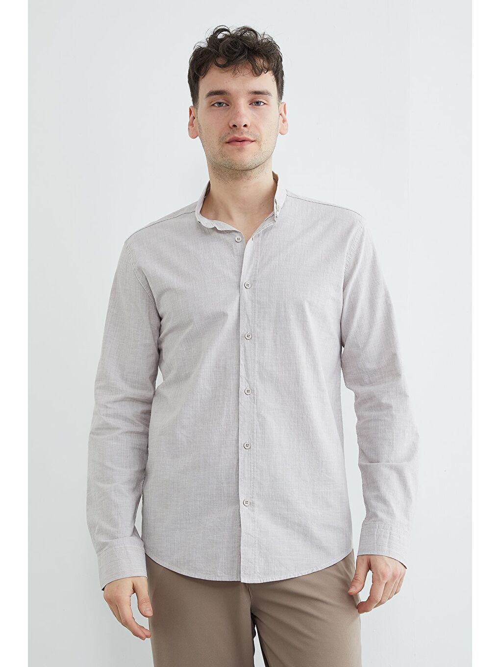 Bej Çizgili Düğmeli Gömlek-2