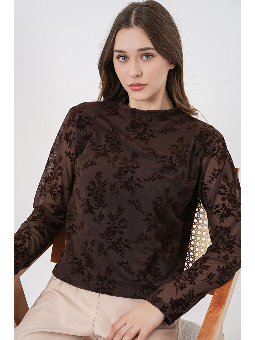 Kadın Desenli Uzun Kol Bluz 983 - Kahverengi-2