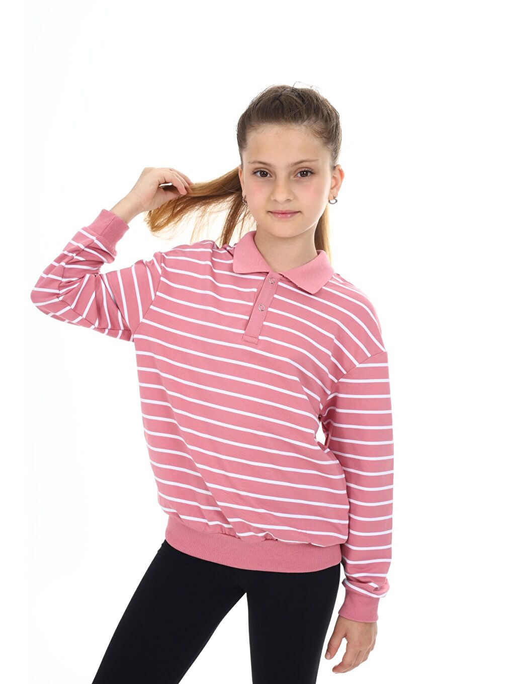 Pembe Kız Çocuk Çizgili Sweatshirt-2