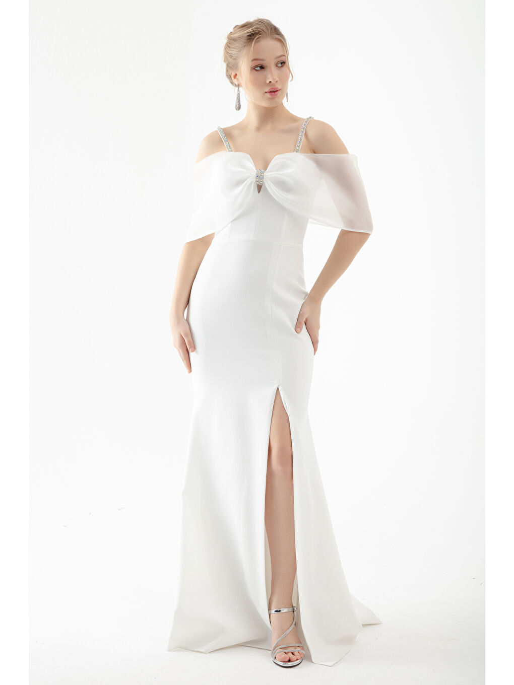 Kadın Beyaz Taş Askılı Uzun Balık Abiye Elbise-2