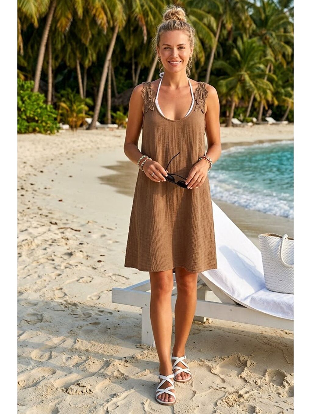 Kahverengi Açık Kahve Havuz Yaka Kolsuz Dantelli Omuz Casual Müslin Dokuma Elbise 95 63