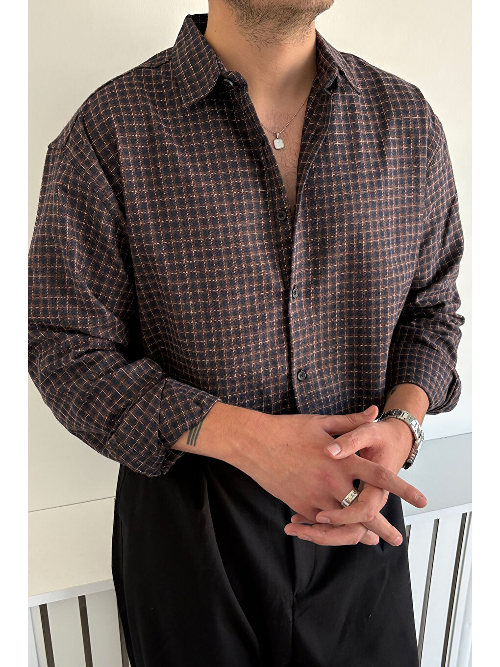 Kahverengi Erkek Oversize %100 Pamuk Ekose Gömlek