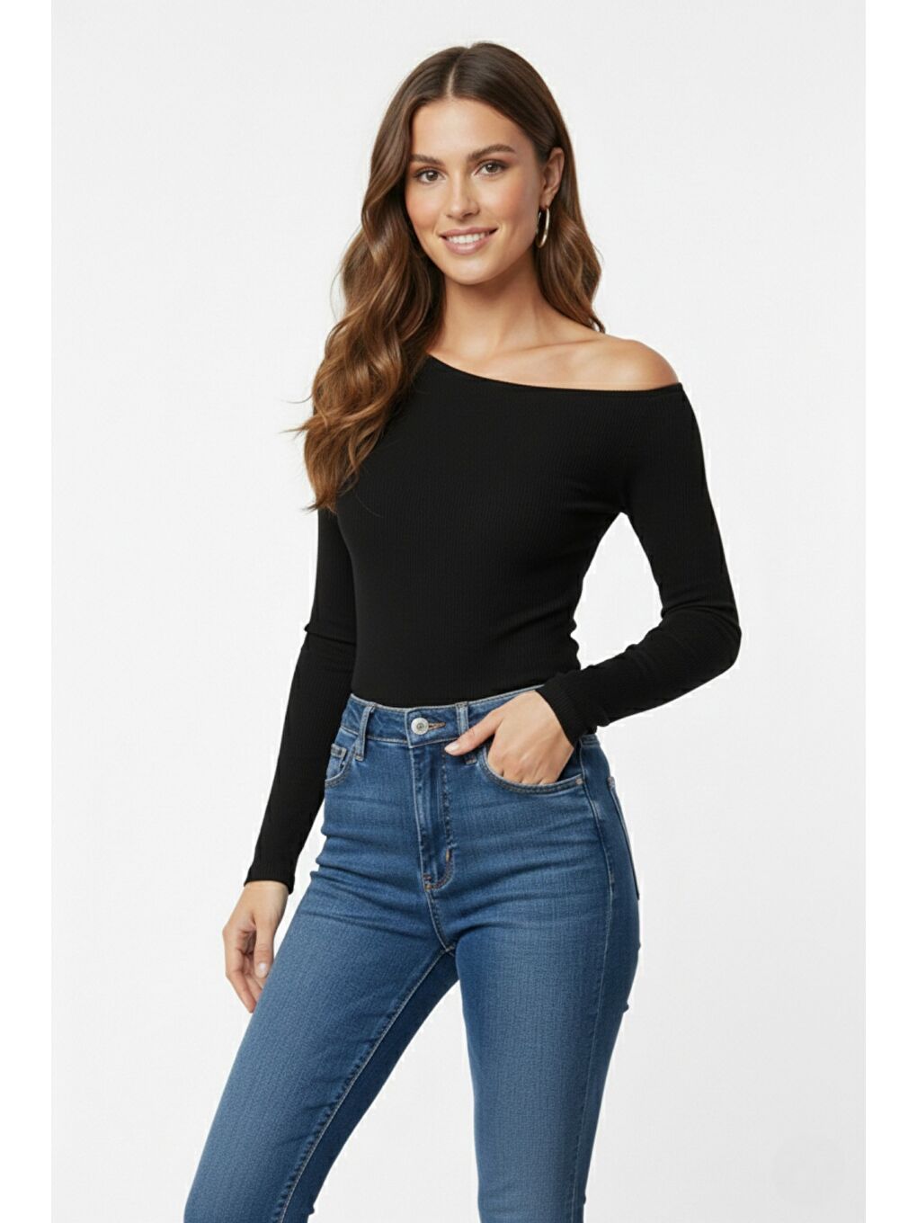 Siyah Premium Soft Seri Vücuda Oturan Kayık Yaka Örme Bluz-3