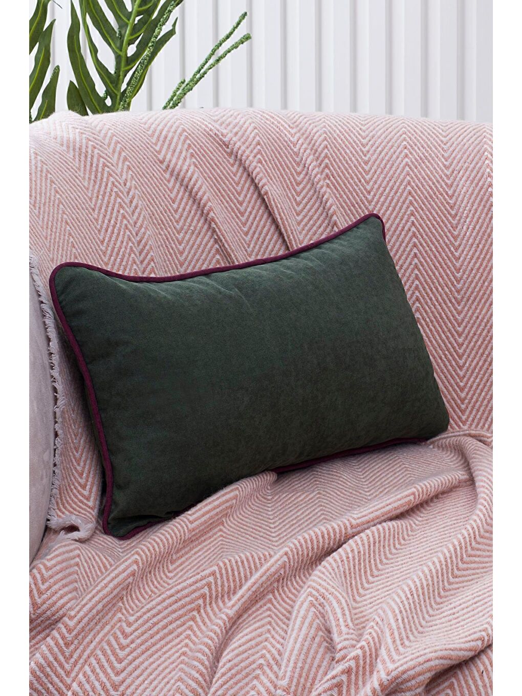 Renk Seçenekli Mürdüm Biyeli Yeşil Kırlent Kılıfı Dekoratif Düz Sade Punch Panoroma Panbiy