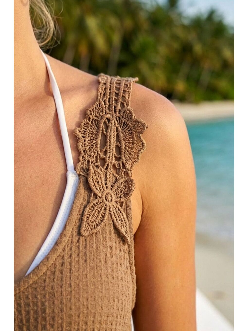 Kahverengi Açık Kahve Havuz Yaka Kolsuz Dantelli Omuz Casual Müslin Dokuma Elbise 95 63-1