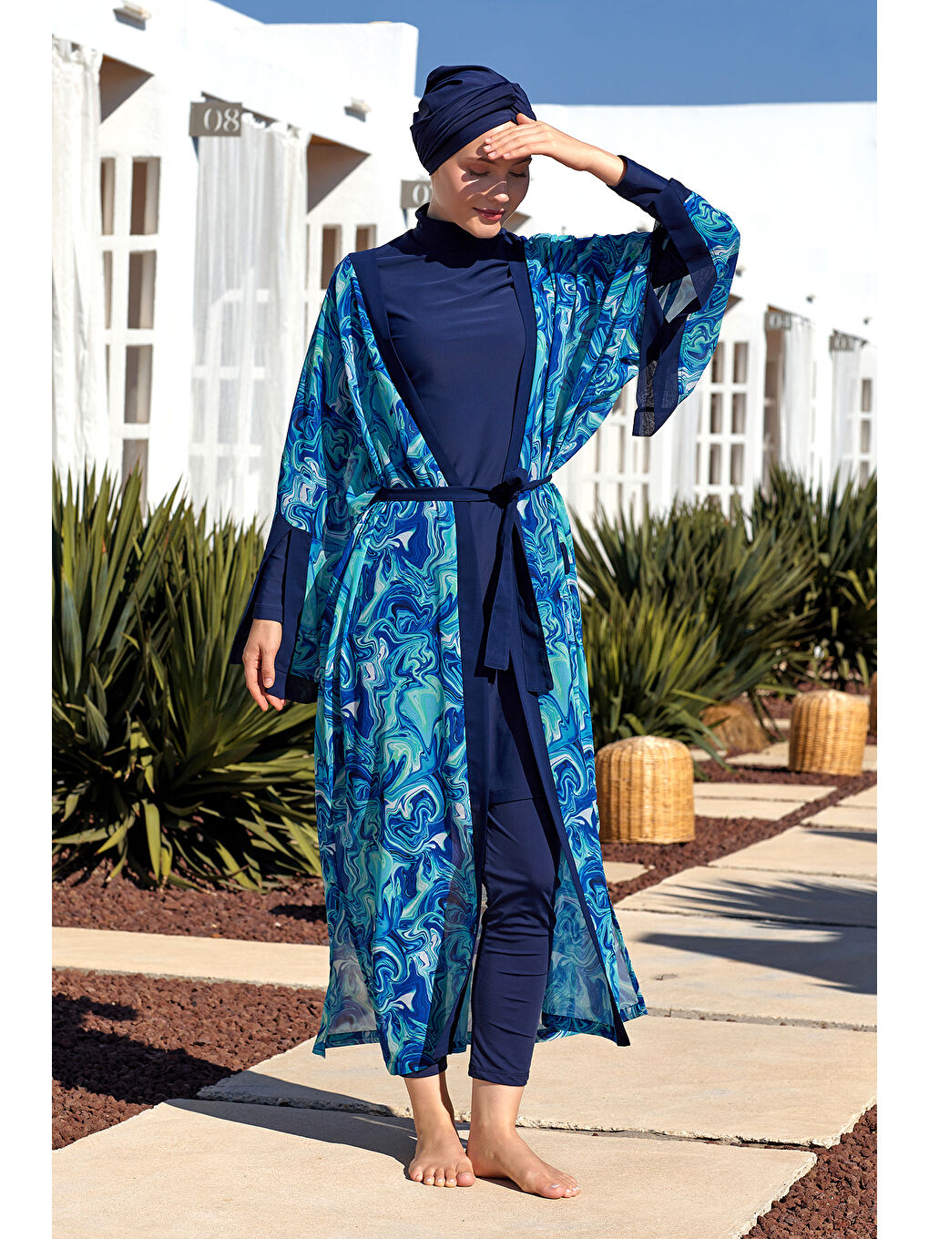 UV Korumalı Mayo Üzerine Tek Pareo Kimono 1714 Mavi