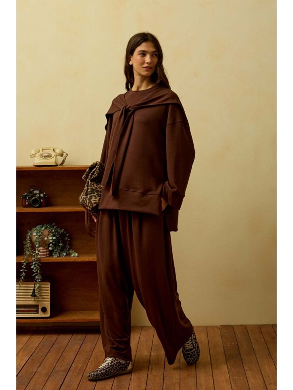 Kahverengi Acı Kahve Bağlamalı Pantolon Takım-1