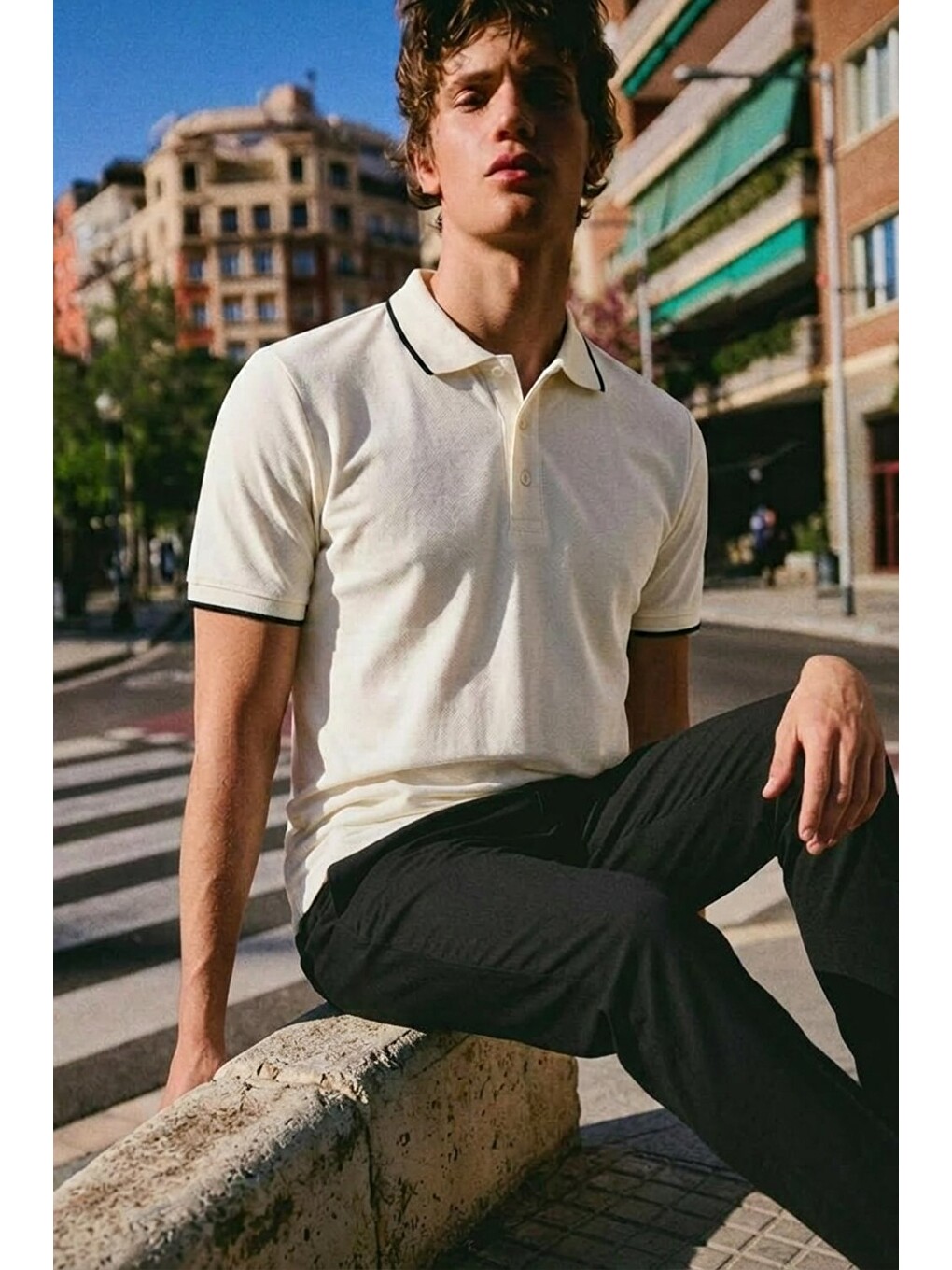 Erkek Düğmeli Fashion Beyaz Polo Yaka Tişört-1