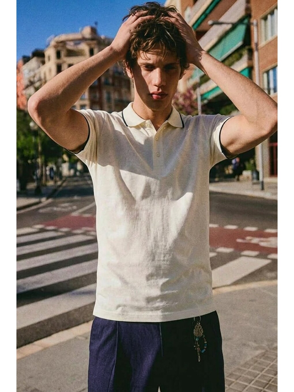 Erkek Düğmeli Fashion Beyaz Polo Yaka Tişört-2