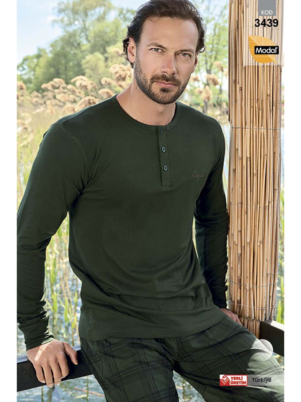 Erkek  Modal Uzun Kol Pijama Takımı 3439 Haki-2