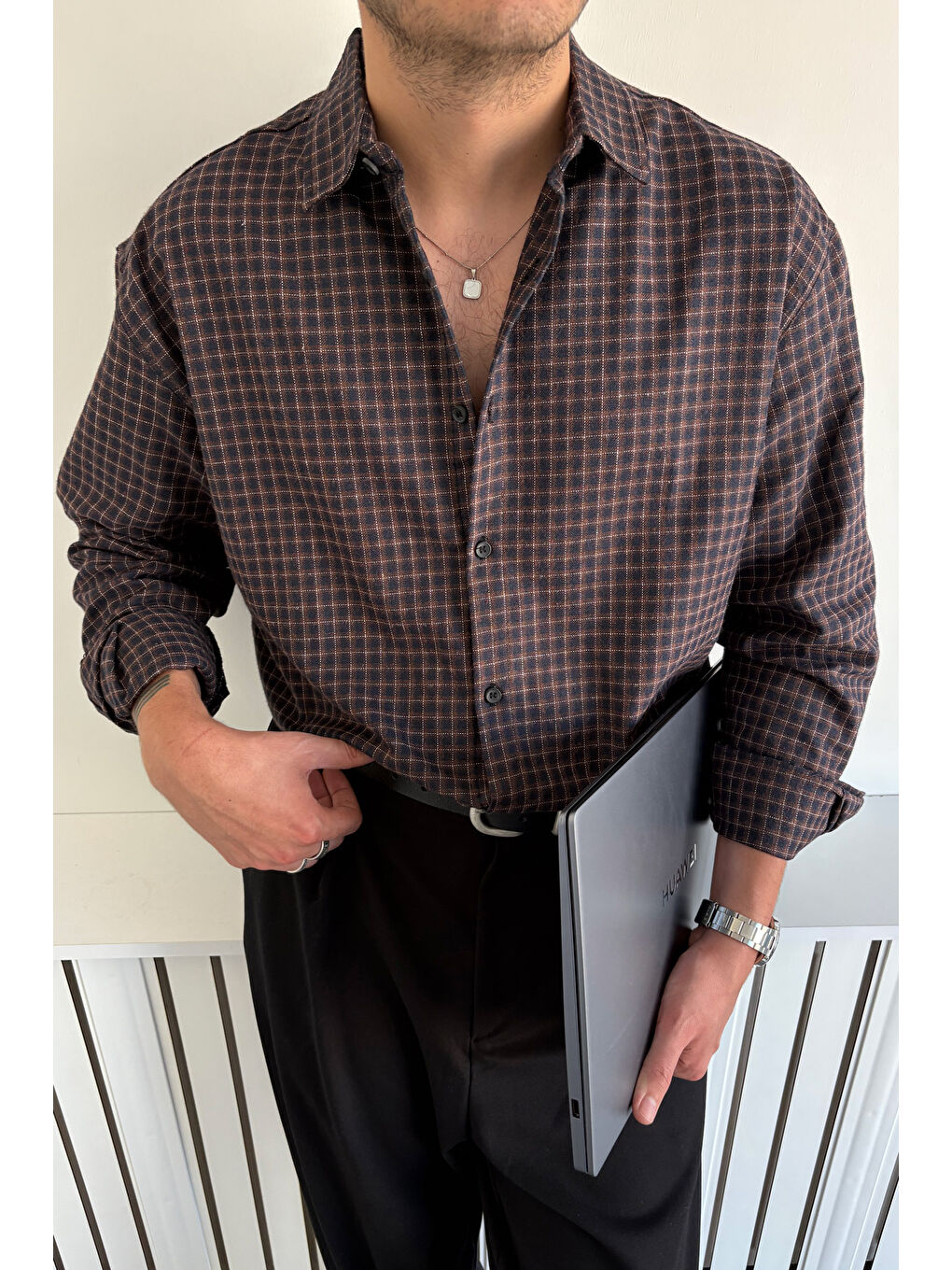 Kahverengi Erkek Oversize %100 Pamuk Ekose Gömlek-1