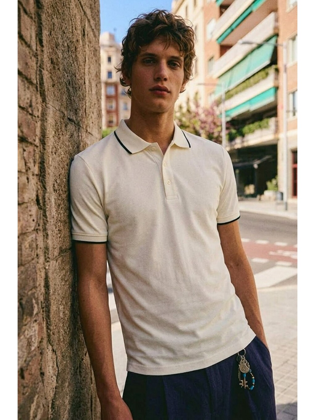 Erkek Düğmeli Fashion Beyaz Polo Yaka Tişört-3