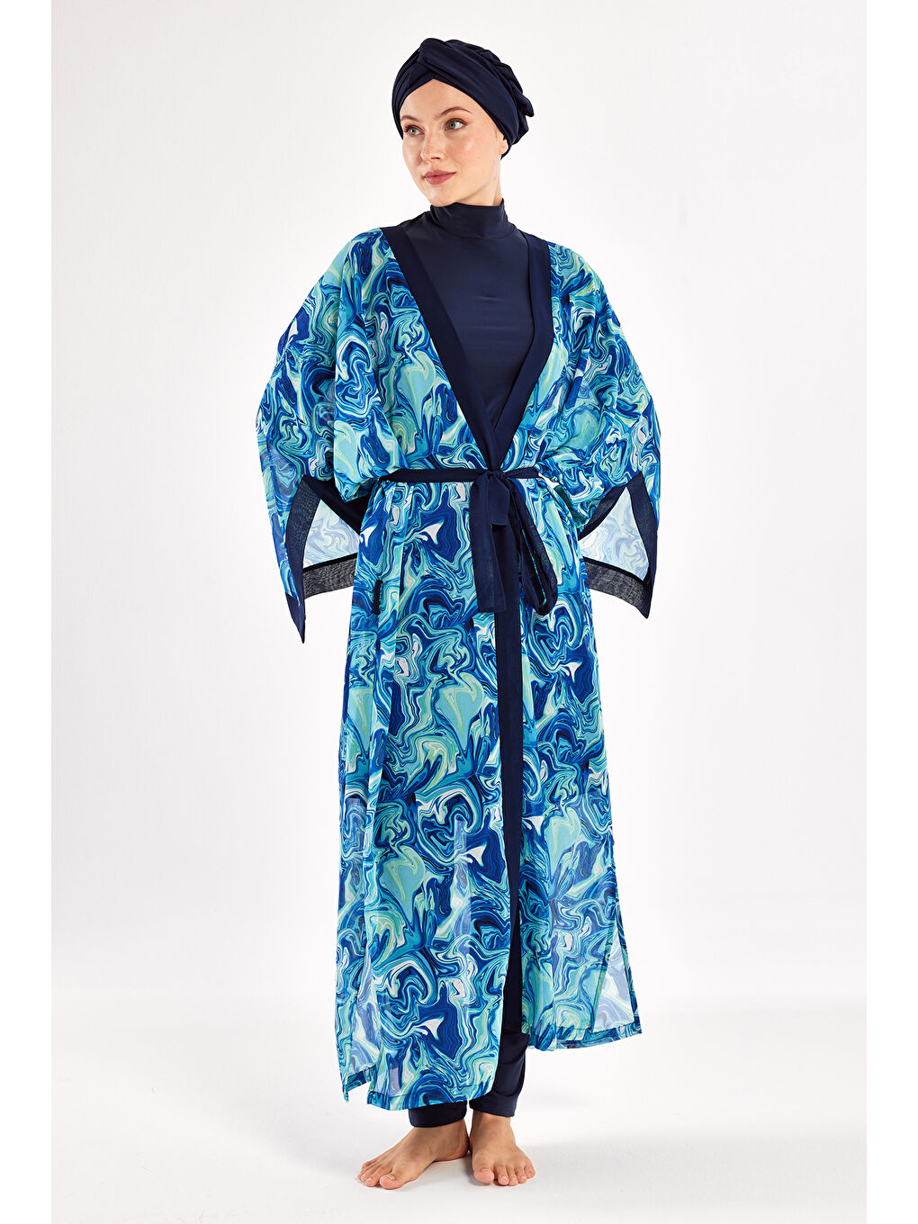 UV Korumalı Mayo Üzerine Tek Pareo Kimono 1714 Mavi-1