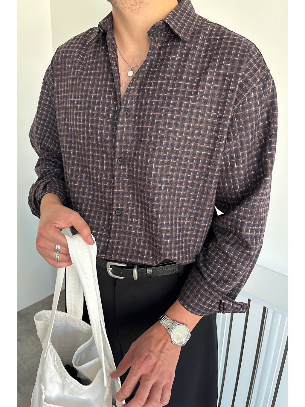 Kahverengi Erkek Oversize %100 Pamuk Ekose Gömlek-2