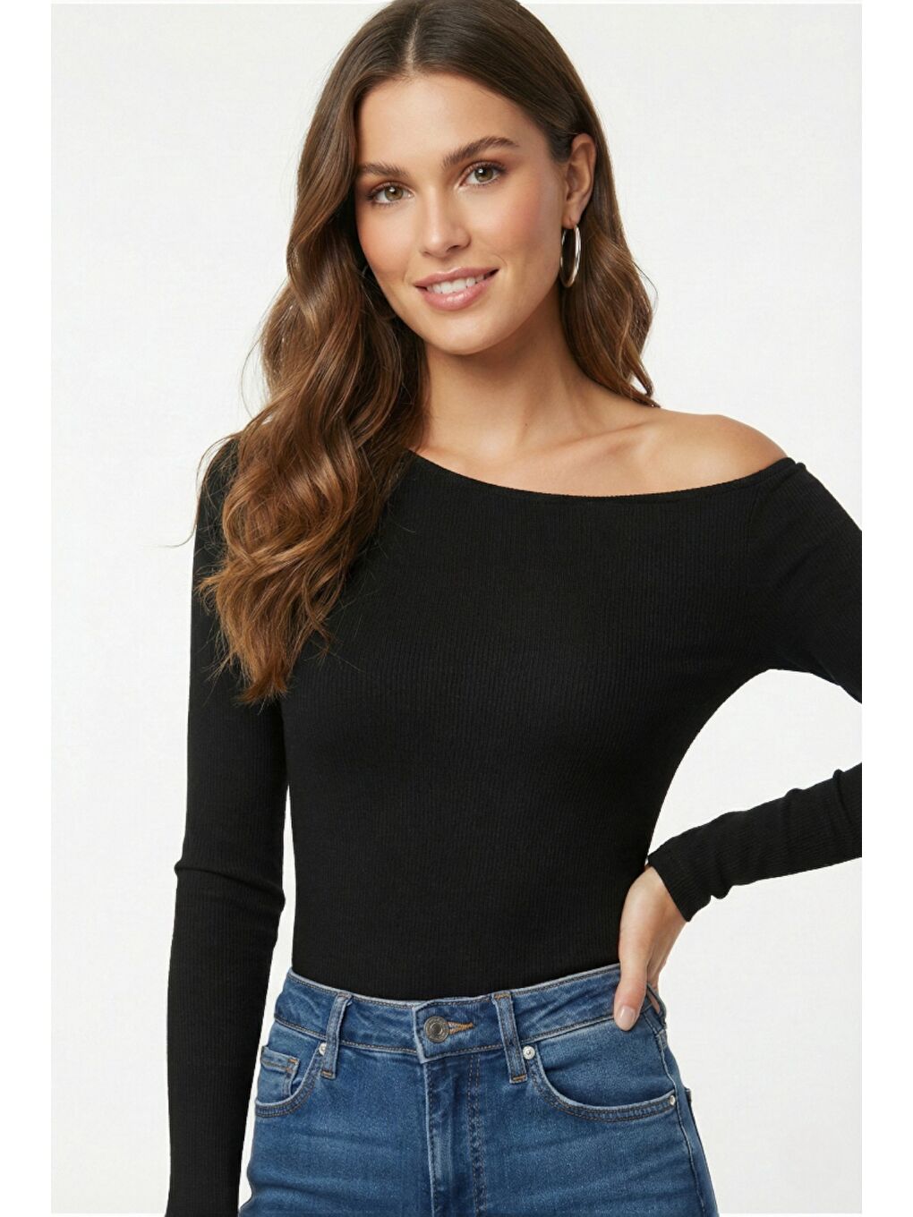 Siyah Premium Soft Seri Vücuda Oturan Kayık Yaka Örme Bluz-4