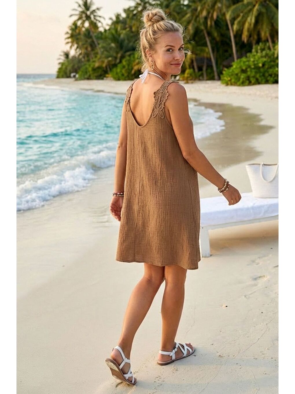 Kahverengi Açık Kahve Havuz Yaka Kolsuz Dantelli Omuz Casual Müslin Dokuma Elbise 95 63-3