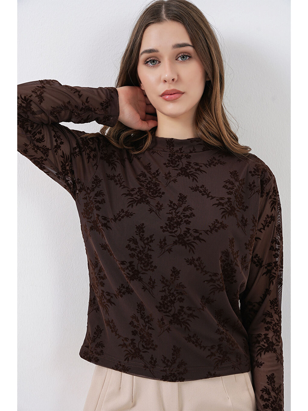 Kadın Desenli Uzun Kol Bluz 983 - Kahverengi-4