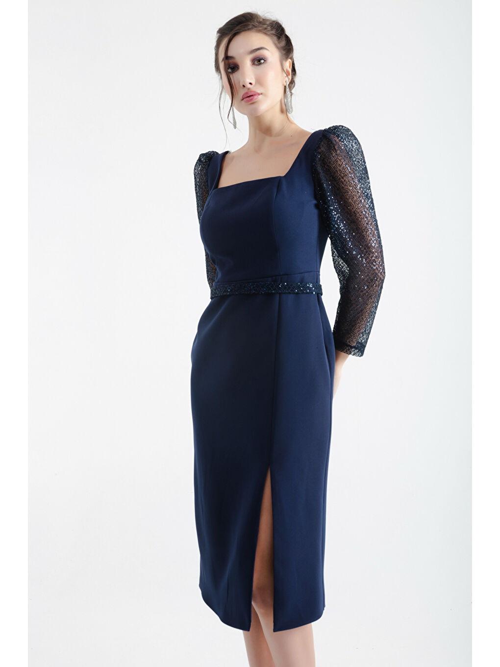 Kadın Lacivert Kare Yaka Kemerli Midi Abiye-1