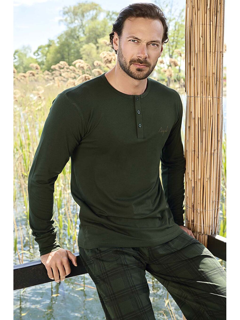 Erkek  Modal Uzun Kol Pijama Takımı 3439 Haki-3