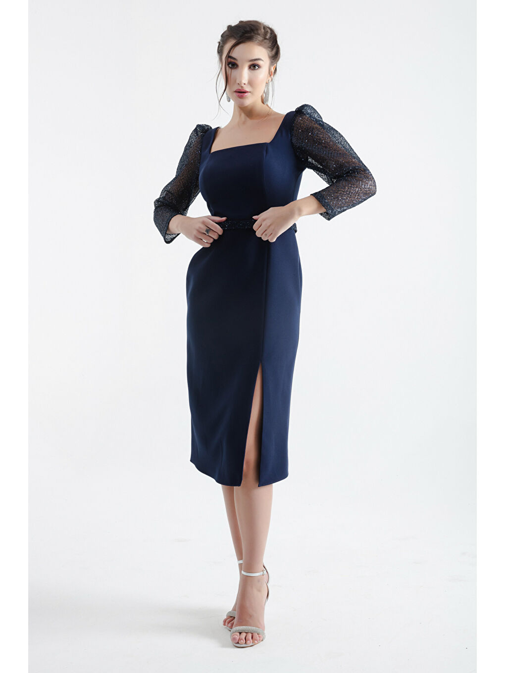 Kadın Lacivert Kare Yaka Kemerli Midi Abiye-2