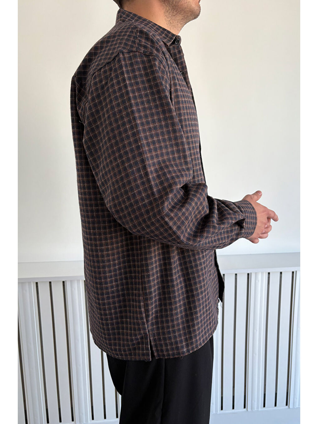 Kahverengi Erkek Oversize %100 Pamuk Ekose Gömlek-4