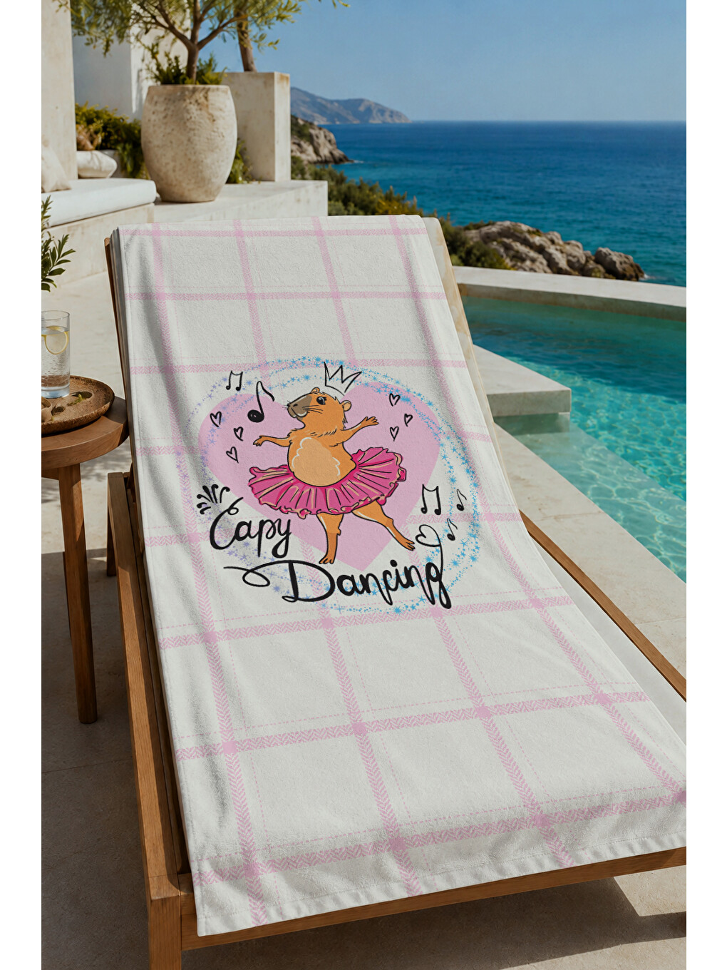 Pembe Ekose Sevimli Hayvan Figürlü 70x150 Cm Dijital Baskılı Plaj Ve Banyo Havlusu