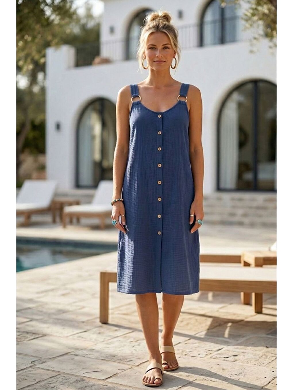 İndigo Askılı Düğmeli Cepsiz Metal Halkalı Casual Müslin Dokuma Elbise 102 55-1
