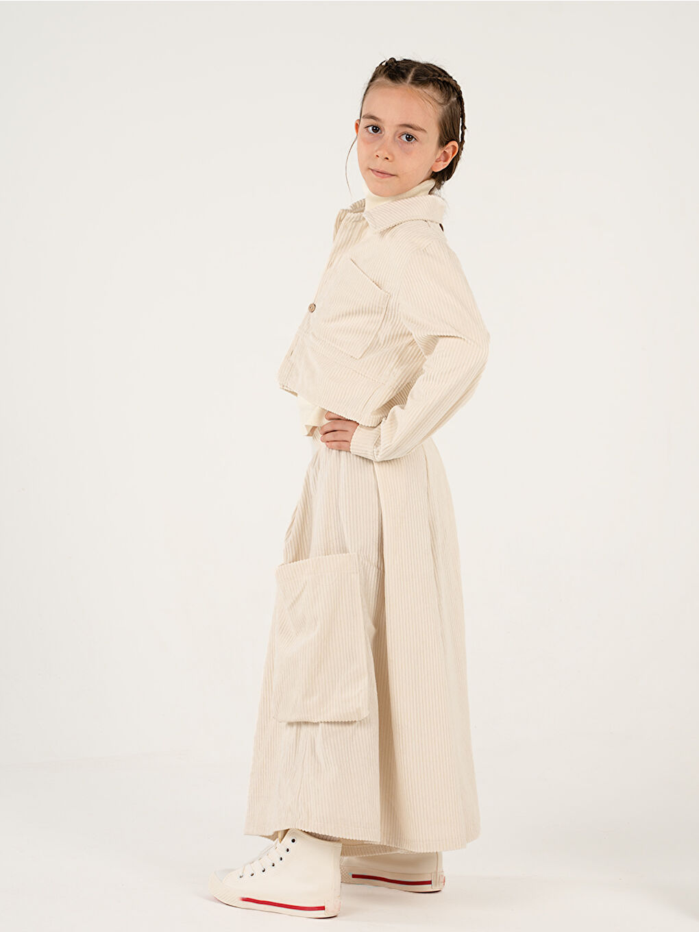 Kız Çocuk Ekru Kadife Kali Pantolon Gömlek Takım-1