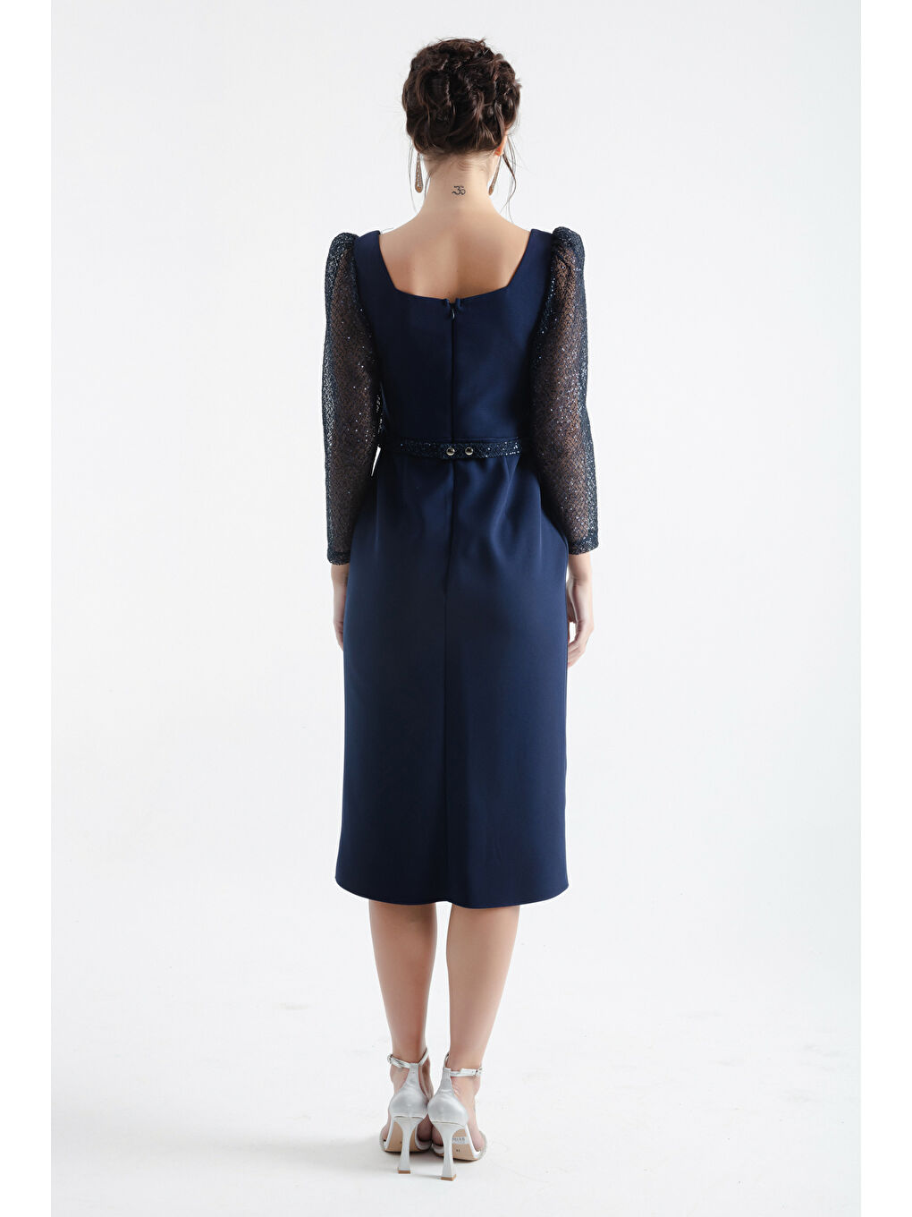 Kadın Lacivert Kare Yaka Kemerli Midi Abiye-4