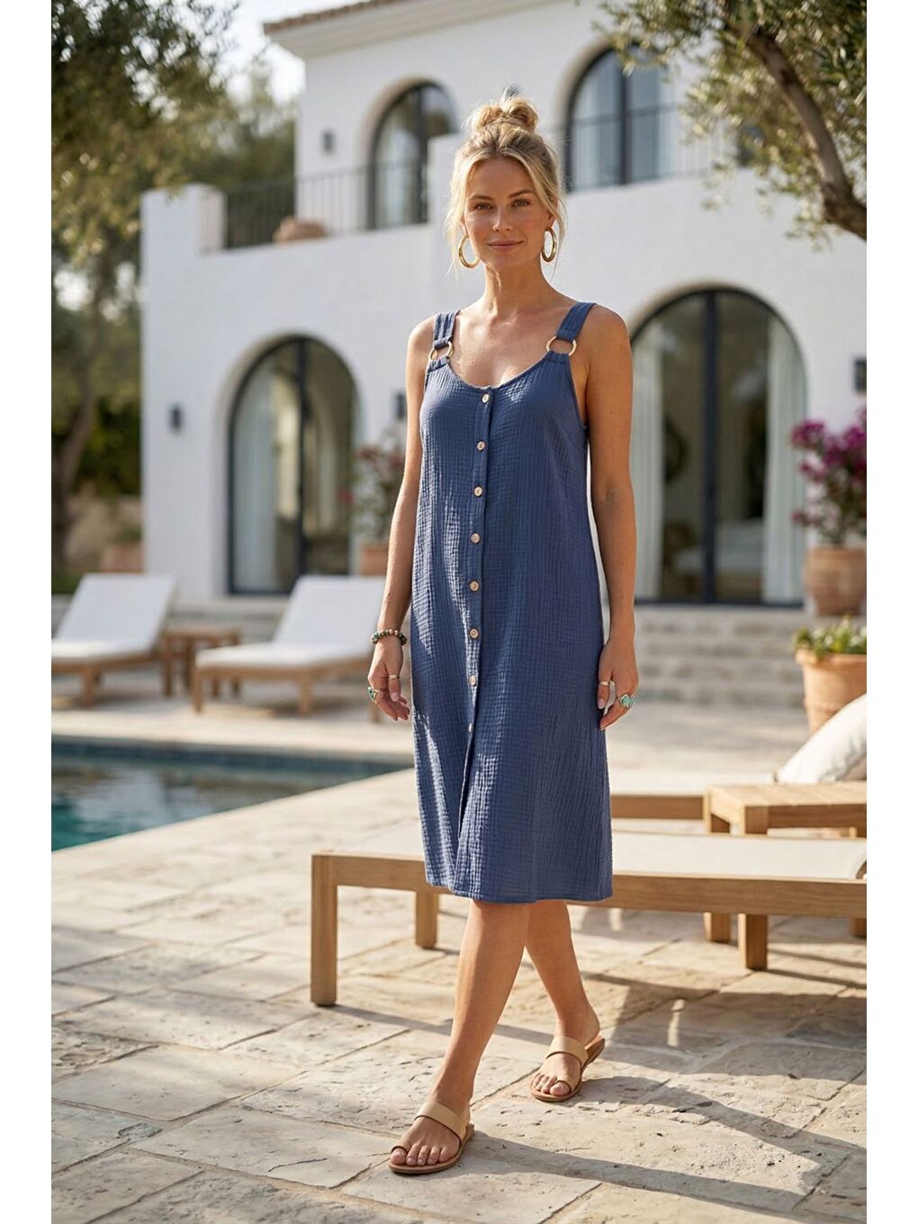 İndigo Askılı Düğmeli Cepsiz Metal Halkalı Casual Müslin Dokuma Elbise 102 55-2