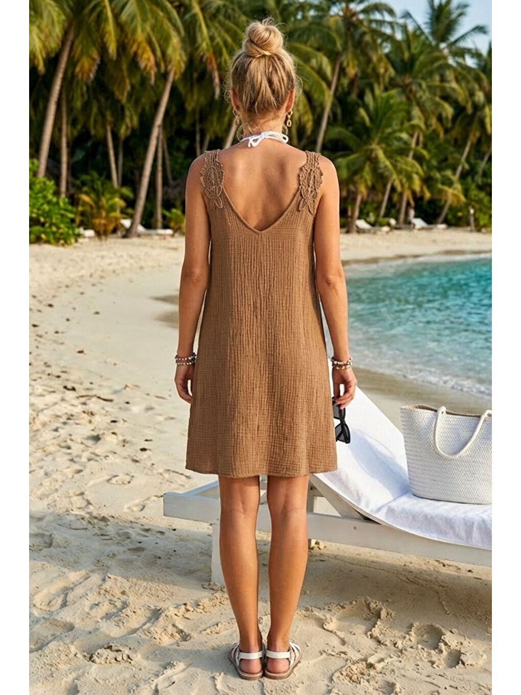 Kahverengi Açık Kahve Havuz Yaka Kolsuz Dantelli Omuz Casual Müslin Dokuma Elbise 95 63-5