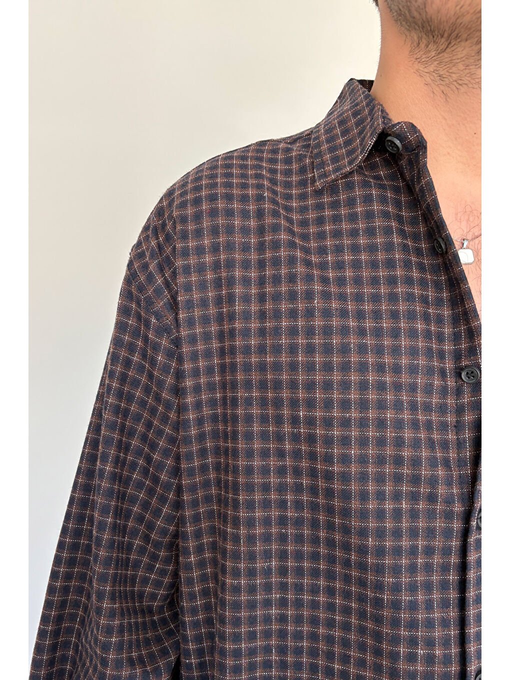 Kahverengi Erkek Oversize %100 Pamuk Ekose Gömlek-6